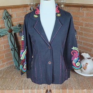 Parsley & Sage Black Jacket Blazer Embroidery Accents Size L